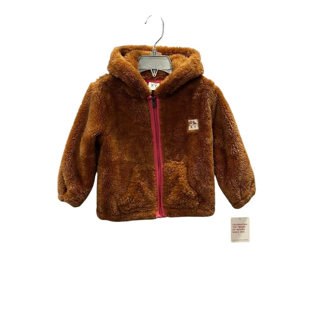Roxy Toddler Girl Sherpa Jacket NEW Hooded Brown Fleece Size 2T Pink Trim